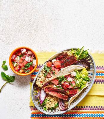 Steak tacos with feta and watermelon salsa