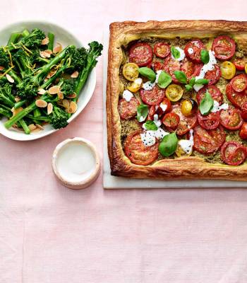 Tomato tapenade tart with broccoli salad