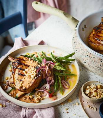 Pork chops with smashed green bean salad 