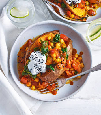 Chickpea masala stuffed sweet potatoes