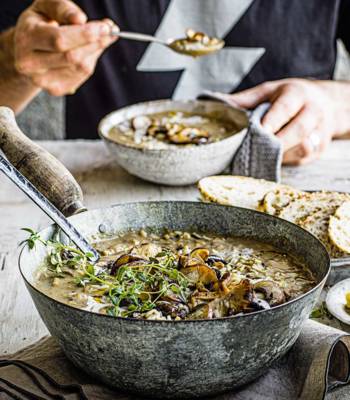 Creamy miso mushroom soup with wild rice