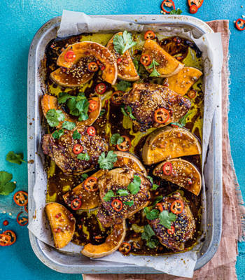 Honey-miso chicken squash traybake
