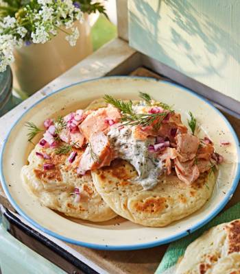 Pikelets with smoked trout and a horseradish caper crème fraïche