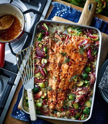 Spiced salmon and sprout traybake 