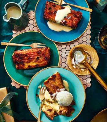 Panettone bread and butter pudding with orange and bay custard