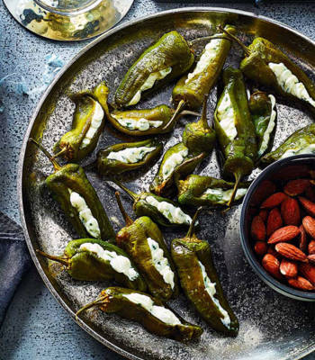 Creamy chive and onion-filled Padrón peppers