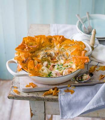 Chicken, ham and leek filo pie