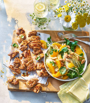 Negroni chicken skewers with fennel and orange salad