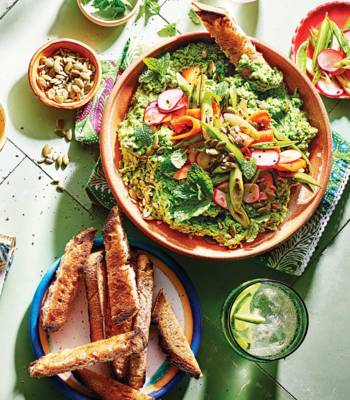 Pea and pickled veg dip with sourdough soldiers