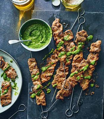 Super-quick-cook steak skewers with chimichurri