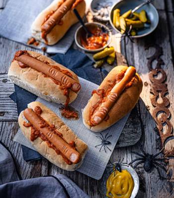 Halloween hot dogs with smoky tomato sauce