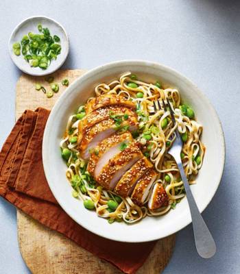 Tahini-soy chicken with edamame noodles
