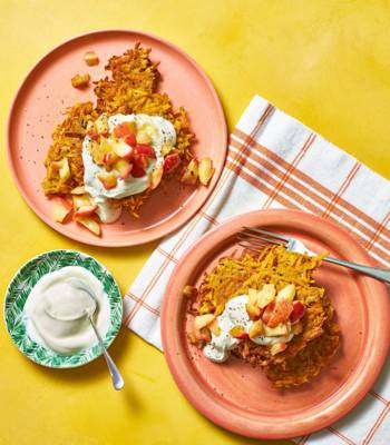Sweet potato latkes with honey butter apples and soured cream