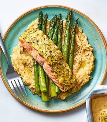 Dijon baked salmon with butter bean mash