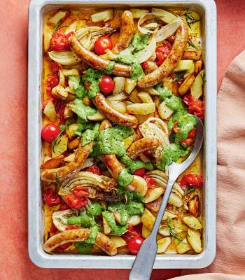 Sausage traybake with rocket pesto