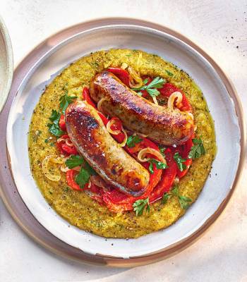 Sicilian-style sausages and peppers with herby polenta