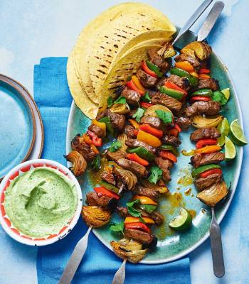 Steak fajita skewers with a creamy guacamole dip