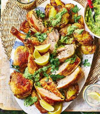 Spatchcock chicken with green romesco and chicken-fat potatoes