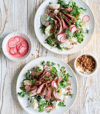 Steak and creamy potato salad with rye crumbs