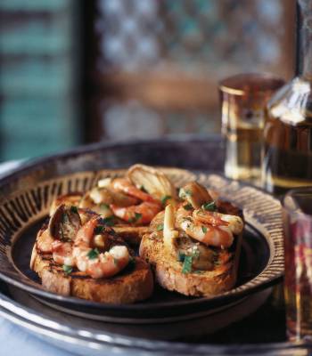 Oyster mushrooms and prawns on toast with fino sherry