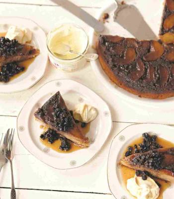 Sticky apple cake with drunk currants