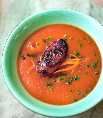 Spring carrot and chorizo soup