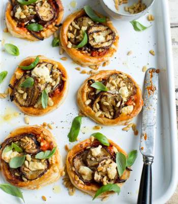 Caramelised onion, aubergine and feta tarts