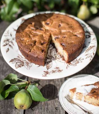 Gluten-free almond, pear, cardamom and chocolate cake