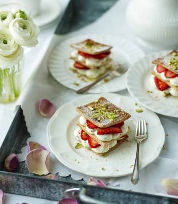 Rose and pistachio strawberry millefeuille