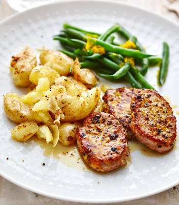 Citrus pepper pork with crushed potatoes