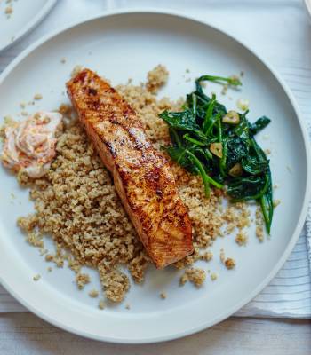 Moroccan salmon with cauliflower  ‘couscous’ and garlic spinach