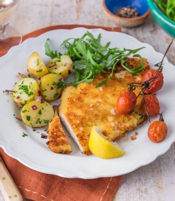 Chicken Parmesan with rocket and new potato salad