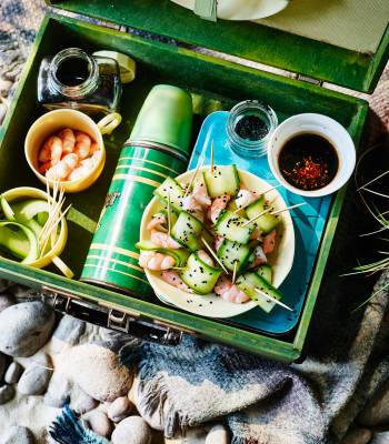 Prawns in cucumber ‘noodles’ with a Japanese dipping sauce