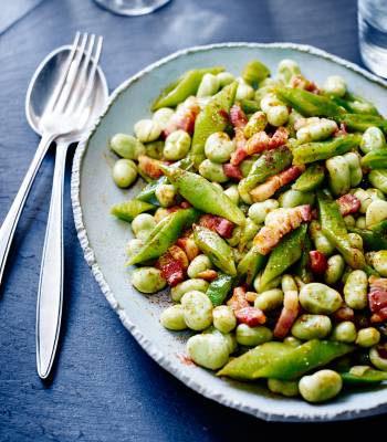 Smoky broad beans and runner beans with bacon