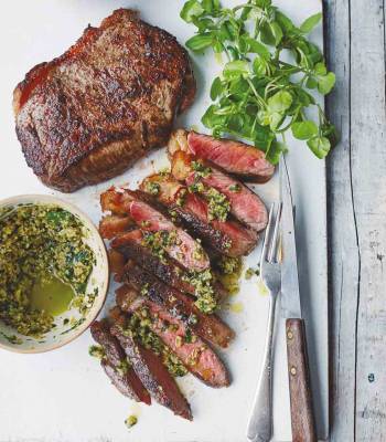 Steak with green olive tapenade and garlic mayo