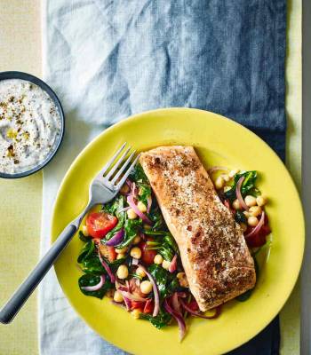 Harissa salmon with warm chickpea salad