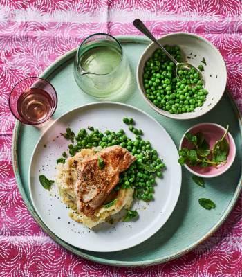 Pork steaks with leek champ and minty peas