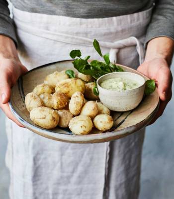 Salt-crusted Jersey Royals with watercress aioli