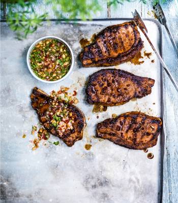 Sweet soy pork steaks with peanut dipping sauce