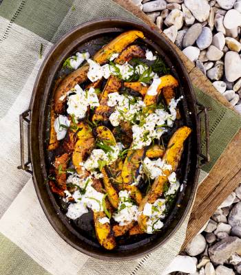 Sizzling squash with herby cucumber yogurt
