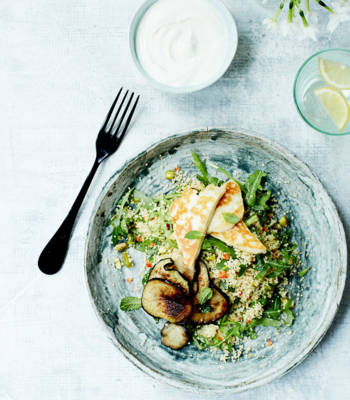Halloumi and aubergine with minted couscous
