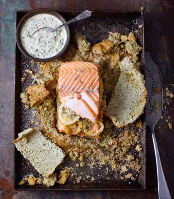 Salt-baked salmon with watercress sauce