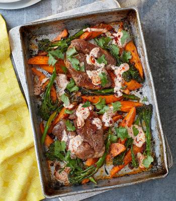 Moroccan lamb and sweet potato traybake