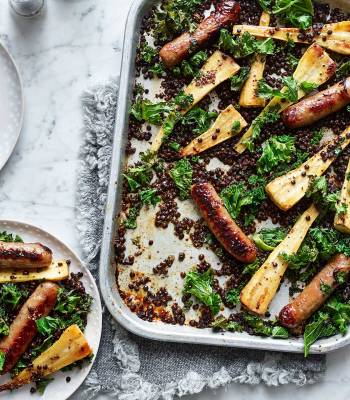 Sticky sausage and parsnip traybake
