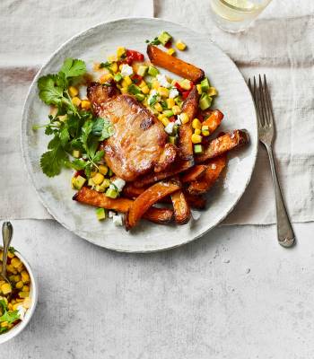 Peri peri pork with sweet potato wedges and sweetcorn salsa