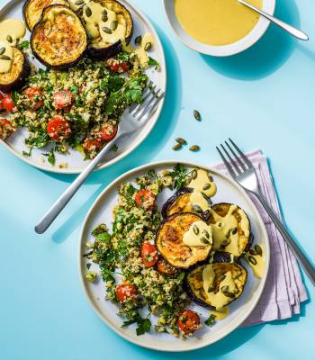 Roast aubergine with tabbouleh and walnut turmeric sauce