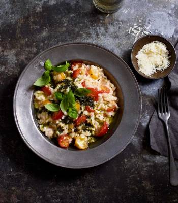 Tomato risotto with basil oil
