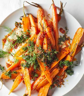 Roast carrot and houmous salad with harissa