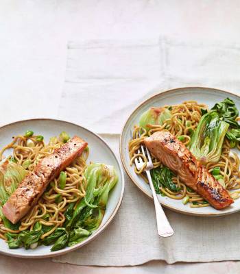 Salt and pepper salmon with spring onion noodles