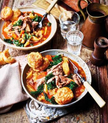 Roots, barley and lamb cawl with cheddar puffs 